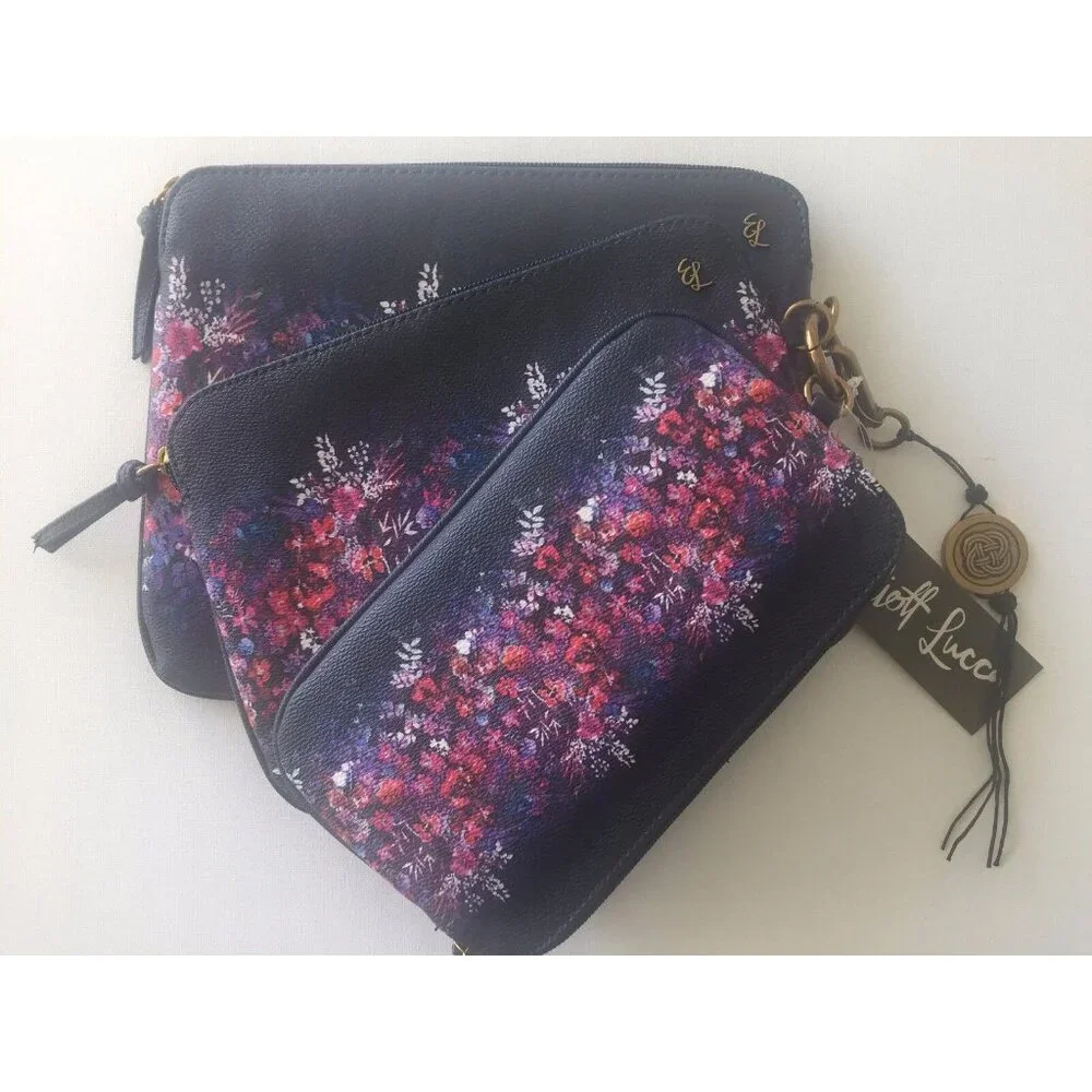 Elliott Lucca Set of 3 Artisan Floral Bouquet Indigo Blue Cosmetic Bags NEW
